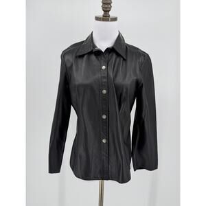 Parallel Vintage Womens Black Leather Collared Snap Front 3/4 Sleeve Top Sz 10